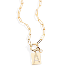Gold Pave Initial Pendant Necklace with Paperclip Chain