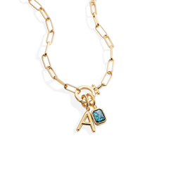 Mint Paperclip Necklace with Initial & Birthstone Charm
