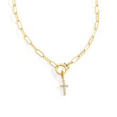 Mint Paperclip Necklace with Pave Cross Charm