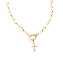 Mint Paperclip Necklace with Pave Cross Charm