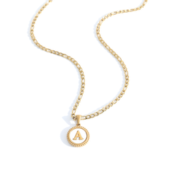 Mother of Pearl Disc Letter Necklace with Figaro Chain