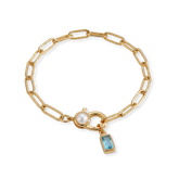 Paperclip Bracelet with Pearl Accent with Dainty Baguette Birthstone Charm