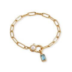 Paperclip Bracelet with Pearl Accent with Dainty Baguette Birthstone Charm