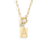 Gold Pave Initial Pendant Necklace with Paperclip Chain
