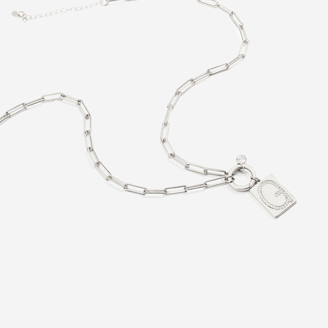Sterling Silver Pave Initial Pendant Necklace with Paperclip Chain