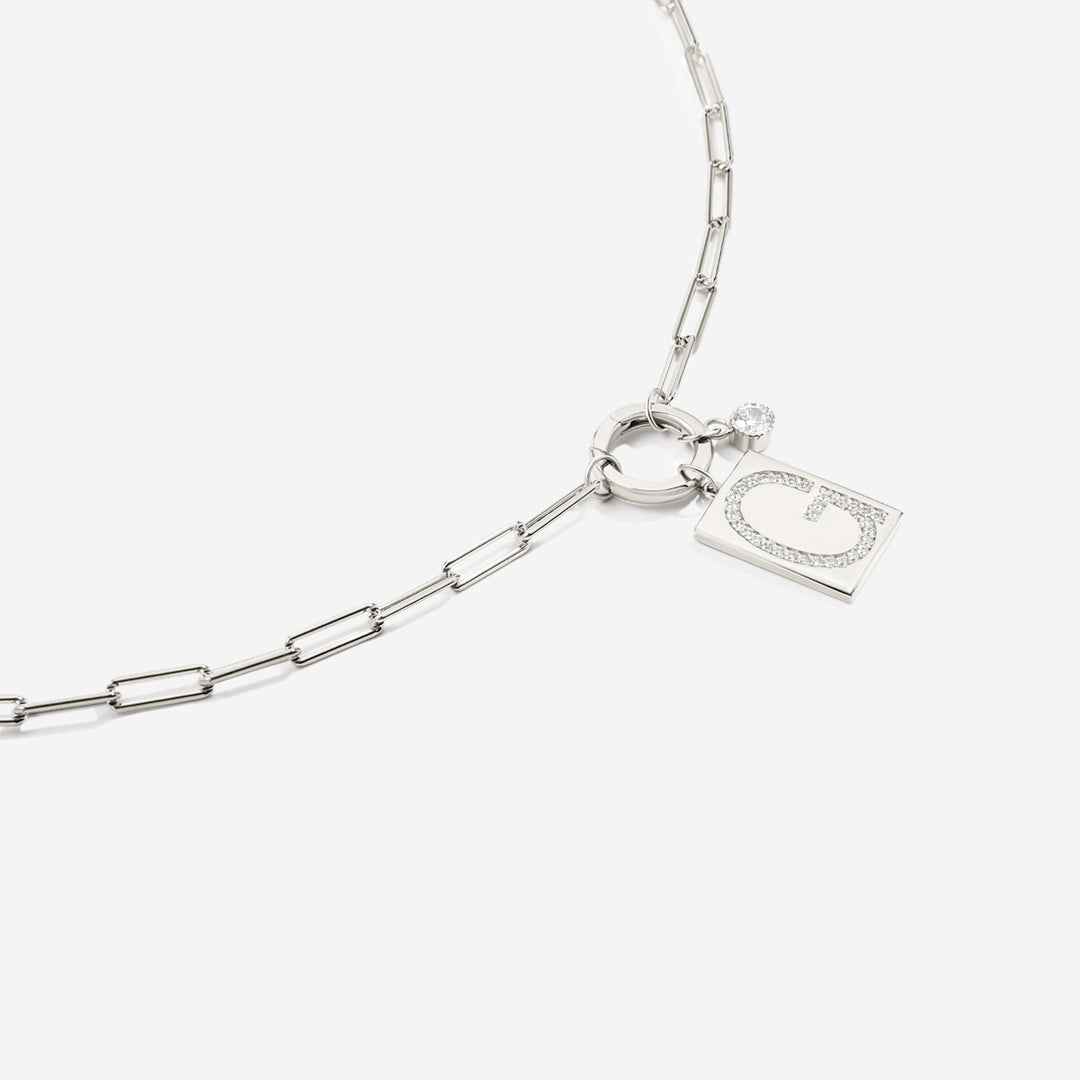 Sterling Silver Pave Initial Pendant Necklace with Paperclip Chain