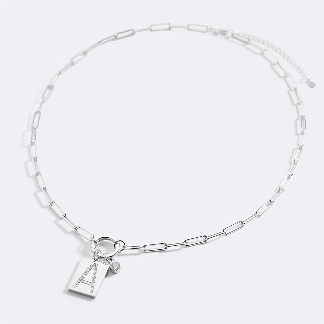 Sterling Silver Pave Initial Pendant Necklace with Paperclip Chain