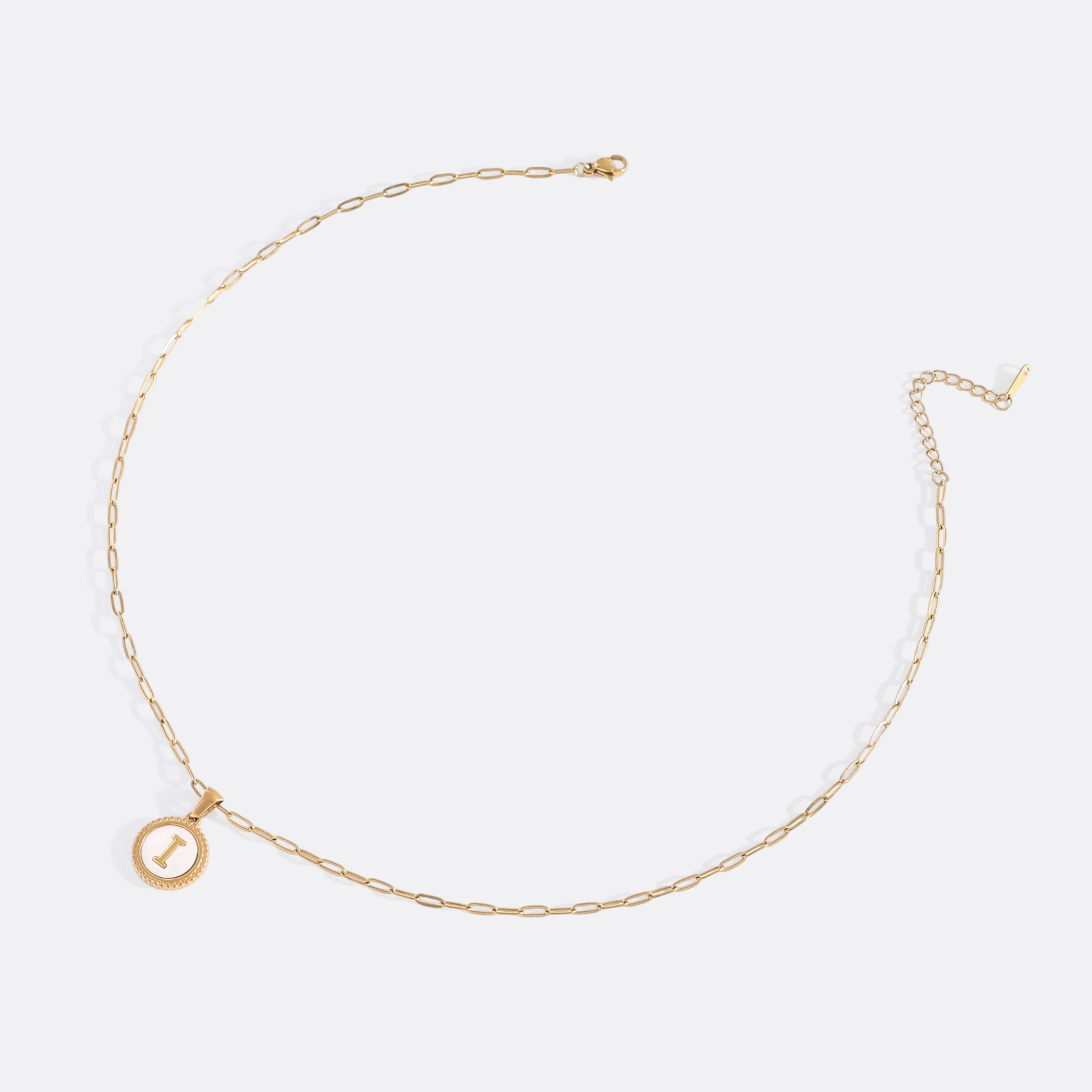 Mother of Pearl Disc Letter Necklace with Paperclip Chain