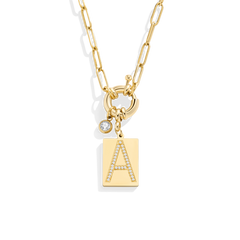 Gold Pave Initial Pendant Necklace with Paperclip Chain