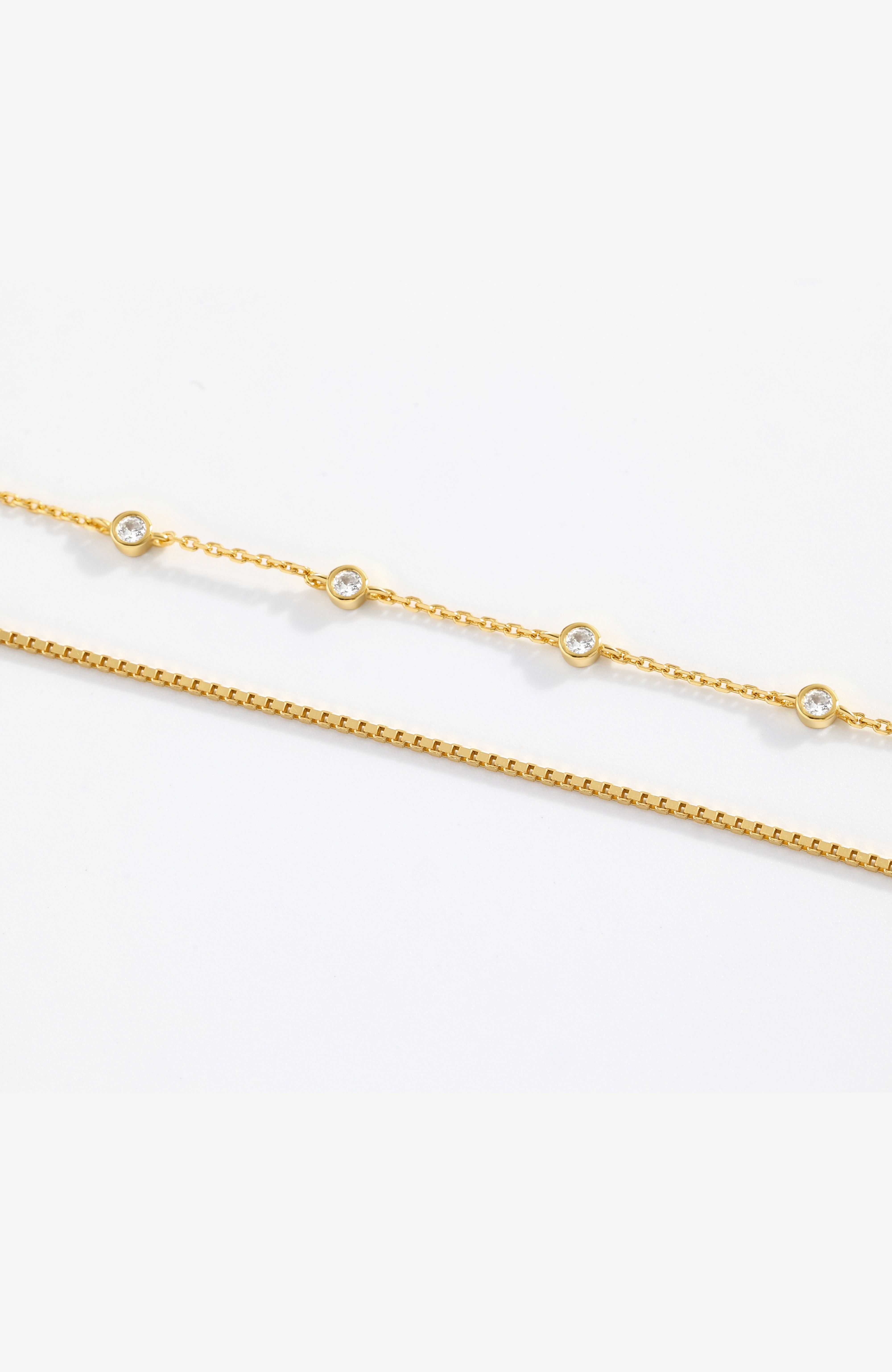Bezel Set Diamond Bracelet and Box Chain Bracelet Stacking Set